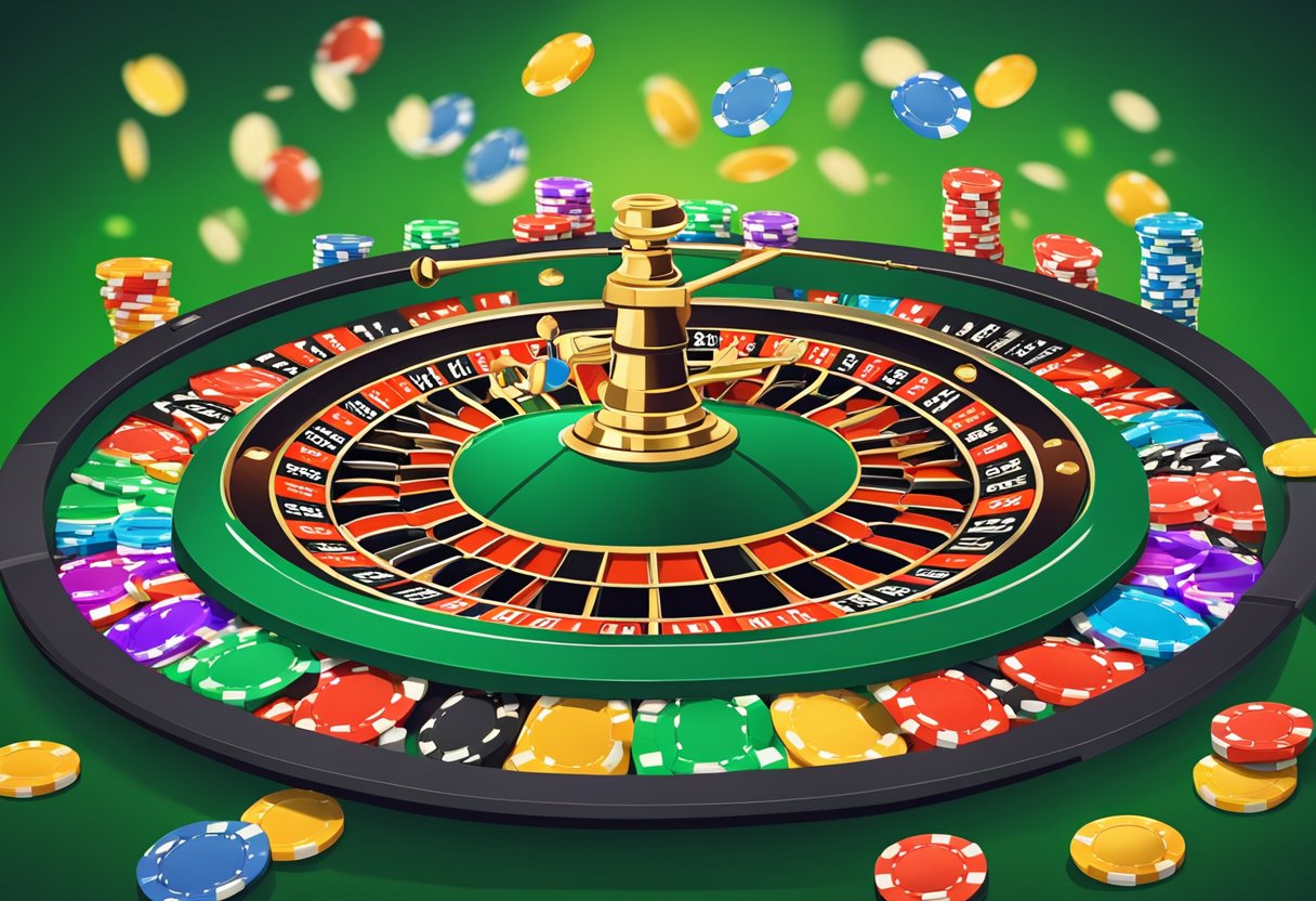 A roulette wheel spinning on a green felt table, with colorful chips scattered around and a croupier standing nearby