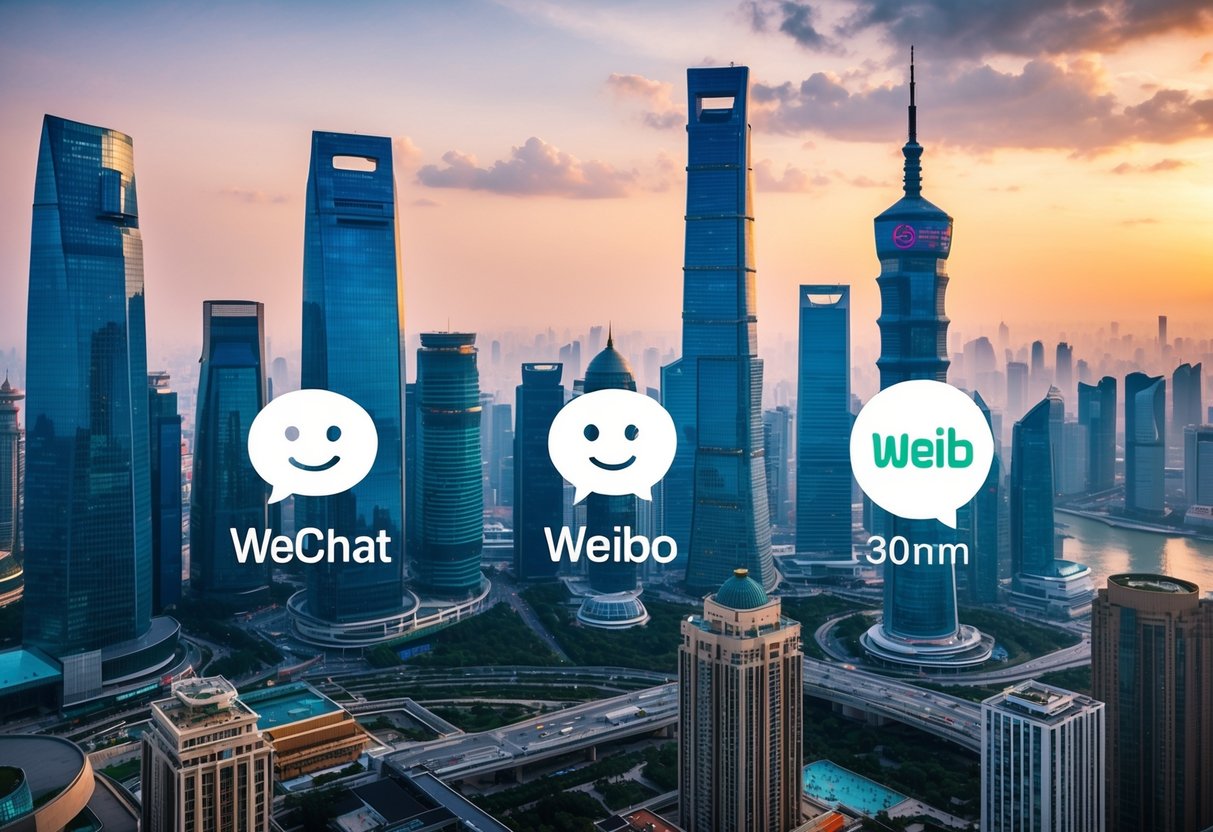 A bustling cityscape with iconic Chinese architecture and modern skyscrapers, featuring prominent WeChat and Weibo logos integrated into the urban environment