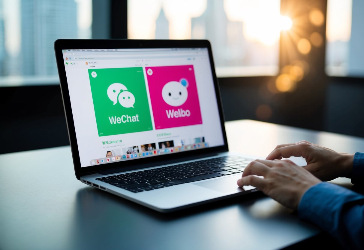 A laptop open on a desk with WeChat and Weibo websites displayed. A person's hands typing on the keyboard