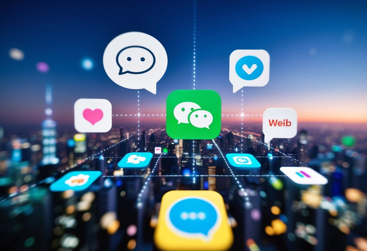 A vibrant digital landscape with WeChat and Weibo icons, showcasing diverse content and engagement with Chinese audiences