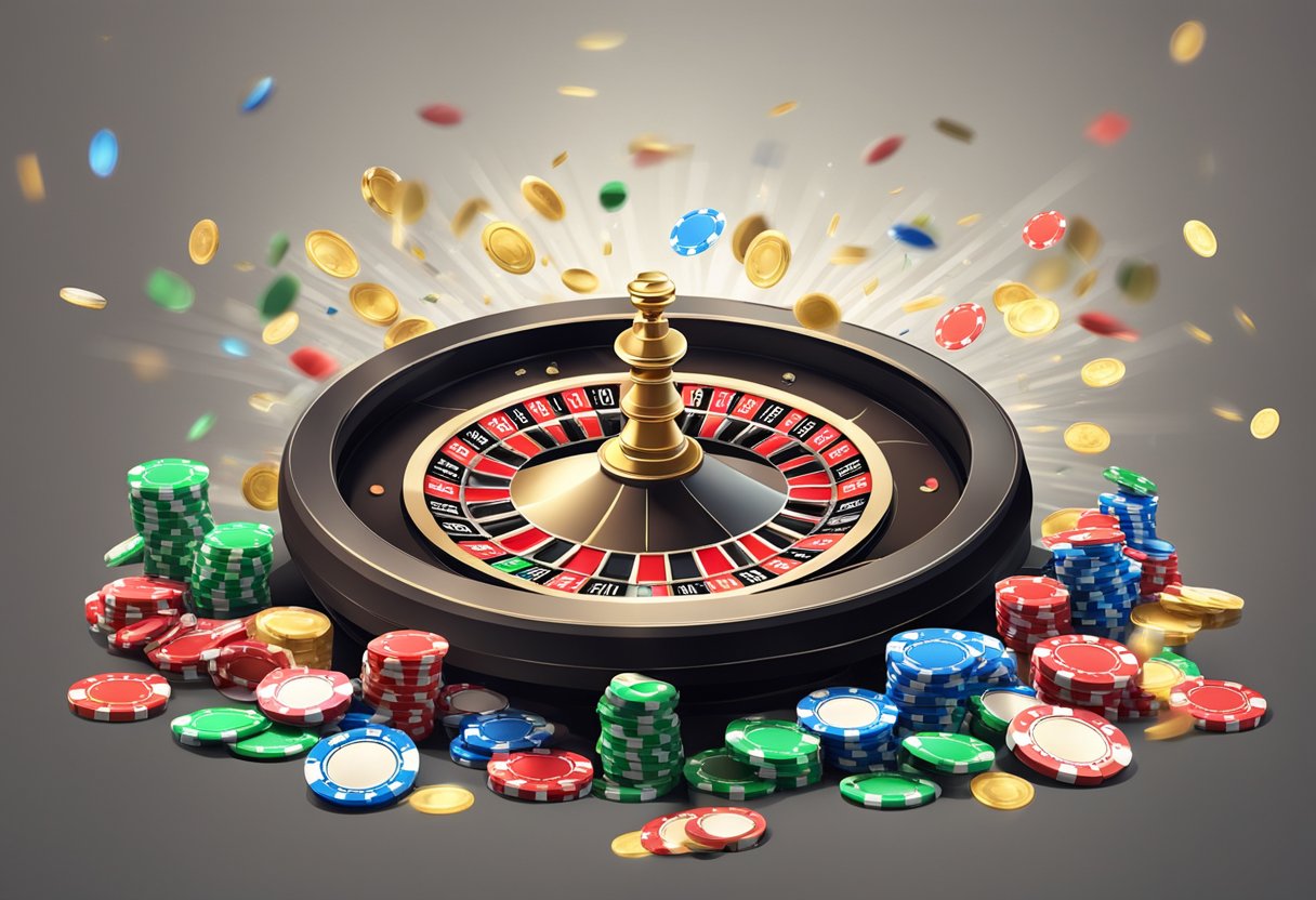 A spinning roulette wheel with betting chips scattered on the table