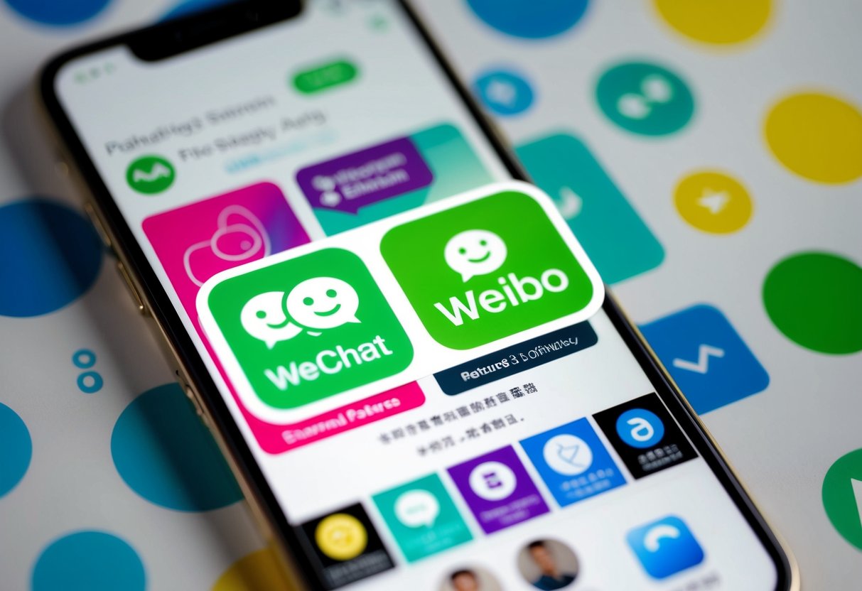 A smartphone displaying WeChat and Weibo logos, surrounded by promotional content and engagement features