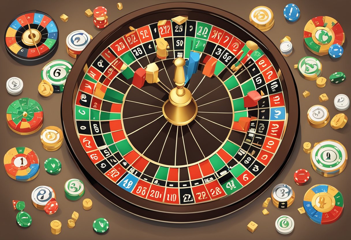 A roulette wheel surrounded by question marks, with a variety of tactics and strategies displayed on a board next to it