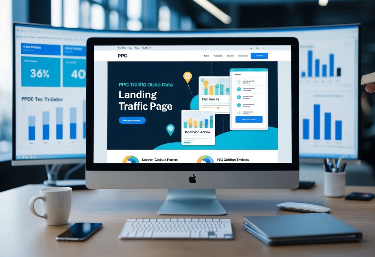 A computer screen displaying a landing page with clear call-to-action buttons and engaging visuals, surrounded by charts and graphs showing PPC traffic data