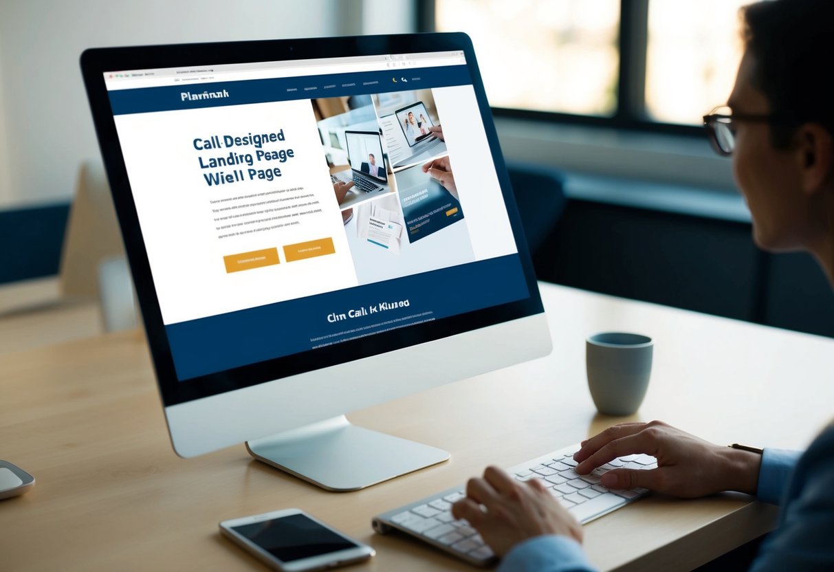 A computer screen displaying a well-designed landing page with clear call-to-action buttons and relevant imagery