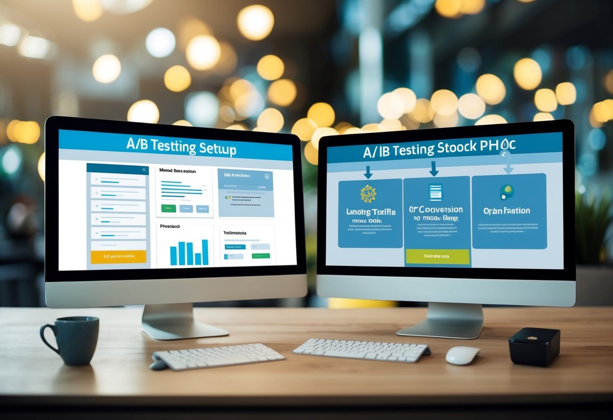 A/B testing setup with two landing page designs, PPC traffic flow, conversion tracking, and optimization tools