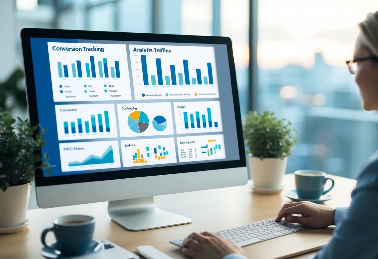 A computer screen displaying multiple graphs and charts related to conversion tracking and analytics for PPC traffic