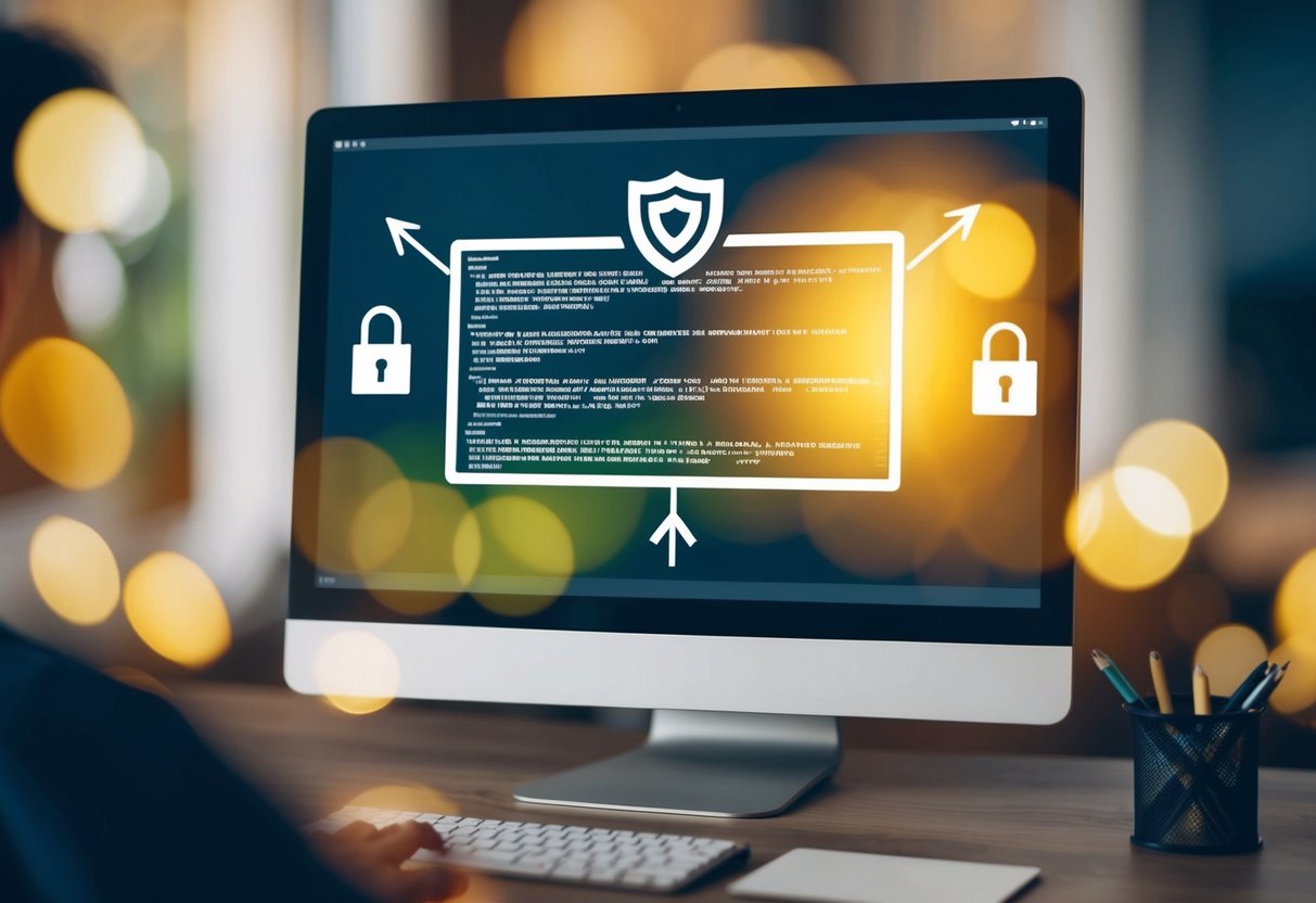 A computer screen with a line of code and a shield icon, surrounded by arrows and locks