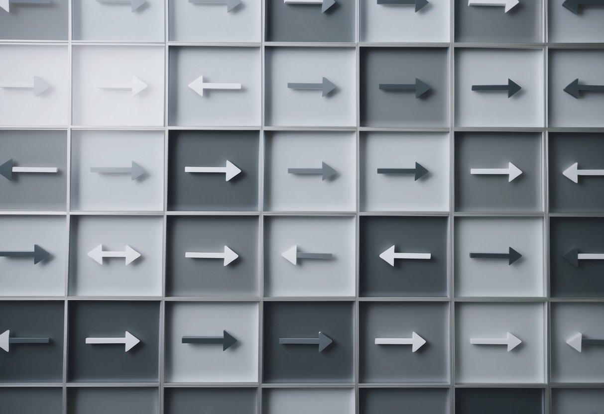 A grid of overlapping geometric shapes with arrows pointing in different directions, all in varying shades of gray