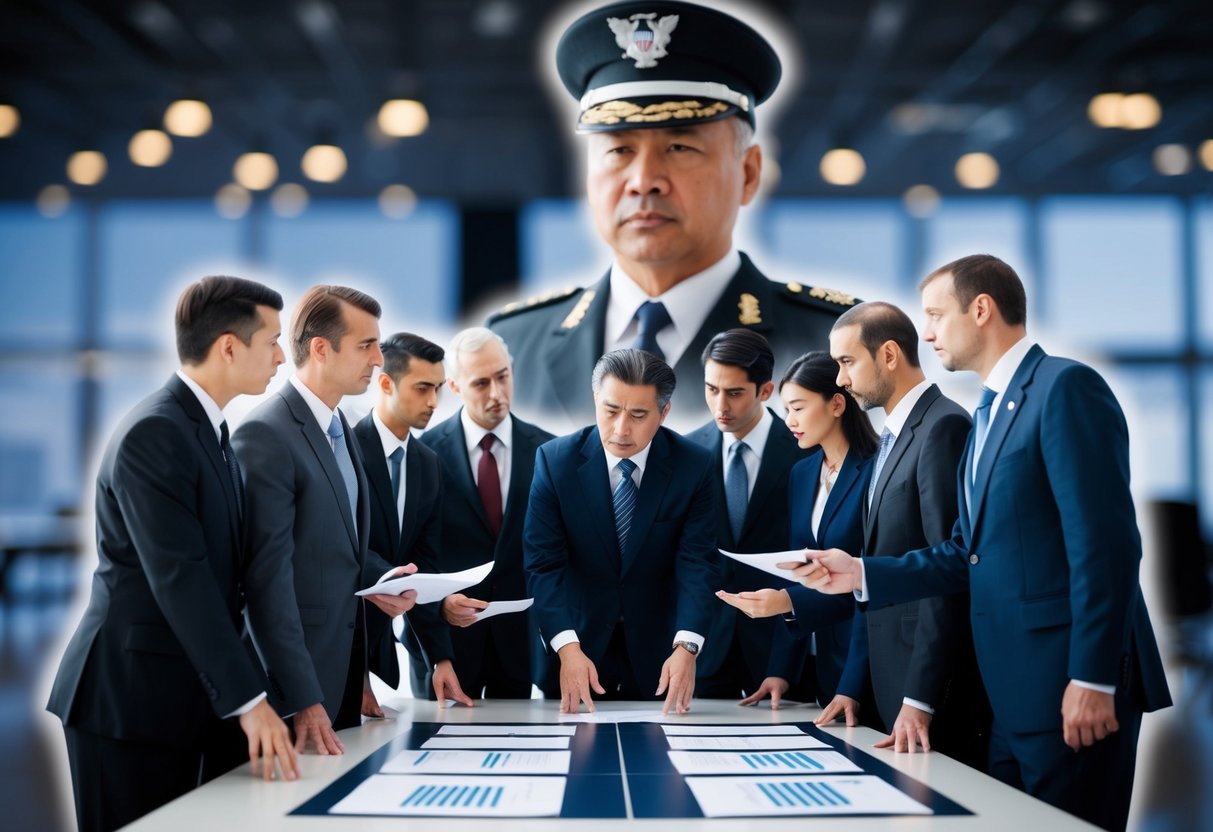 A group of figures in suits stand around a large table, discussing and reviewing documents under the watchful eye of a stern-looking leader