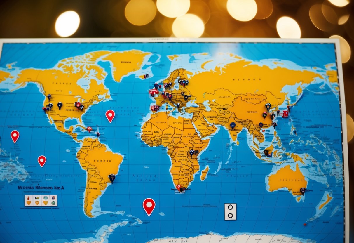 A global map with various location markers and conversion symbols