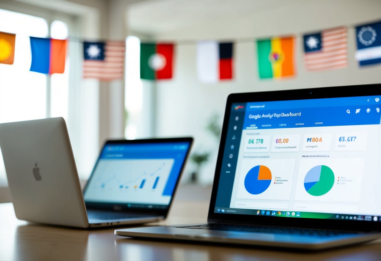 A computer screen displaying the Google Analytics dashboard with goal and conversion setup options. Multiple global flags in the background