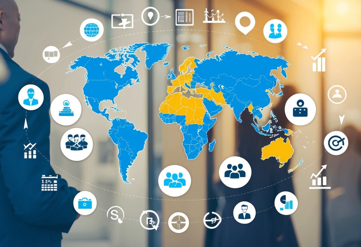 A world map with diverse icons representing different global audiences, surrounded by goal-oriented symbols and conversion metrics
