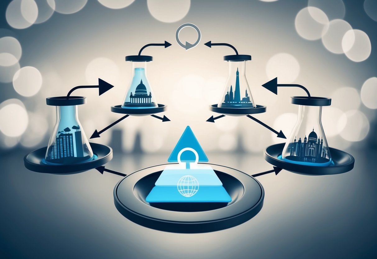 A series of interconnected funnels with global landmarks at each stage, leading towards a central goal symbol