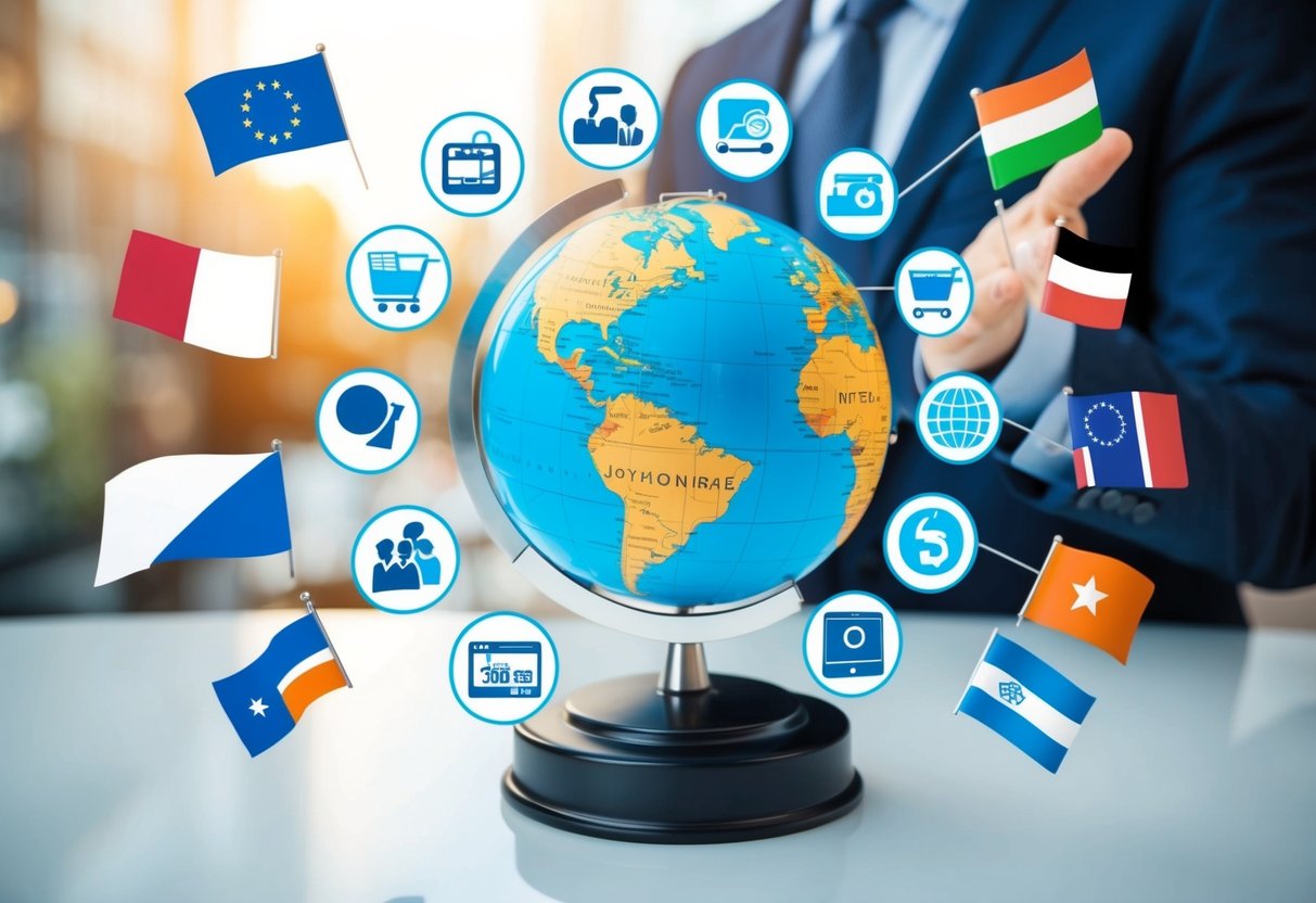 A globe surrounded by e-commerce icons, with international flags in the background