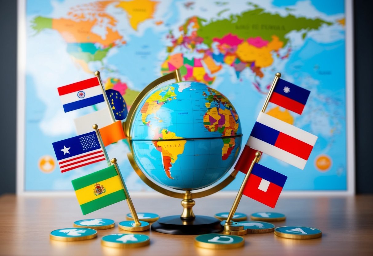 A globe surrounded by e-commerce icons and different country flags, with a map in the background showing various international locations