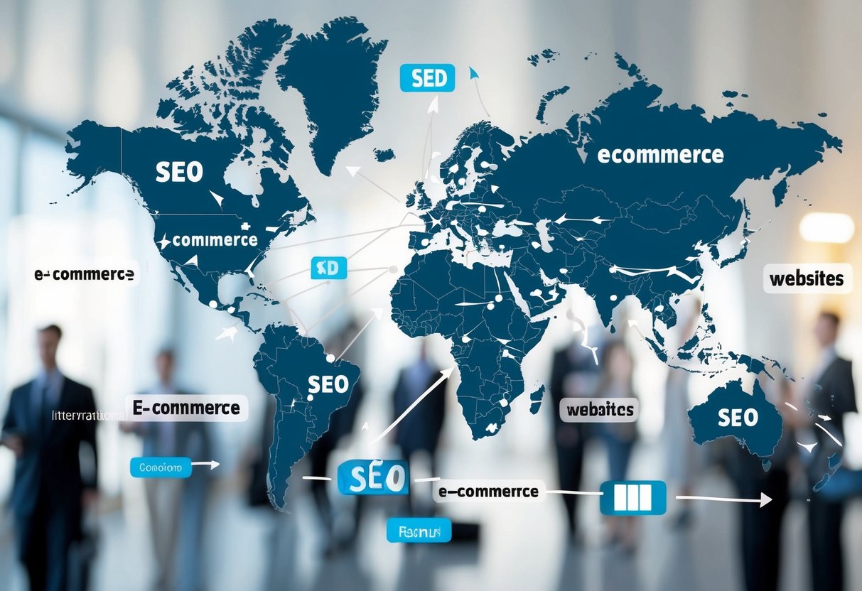 A world map with interconnected lines and arrows connecting various e-commerce websites, representing international SEO considerations for technical optimization