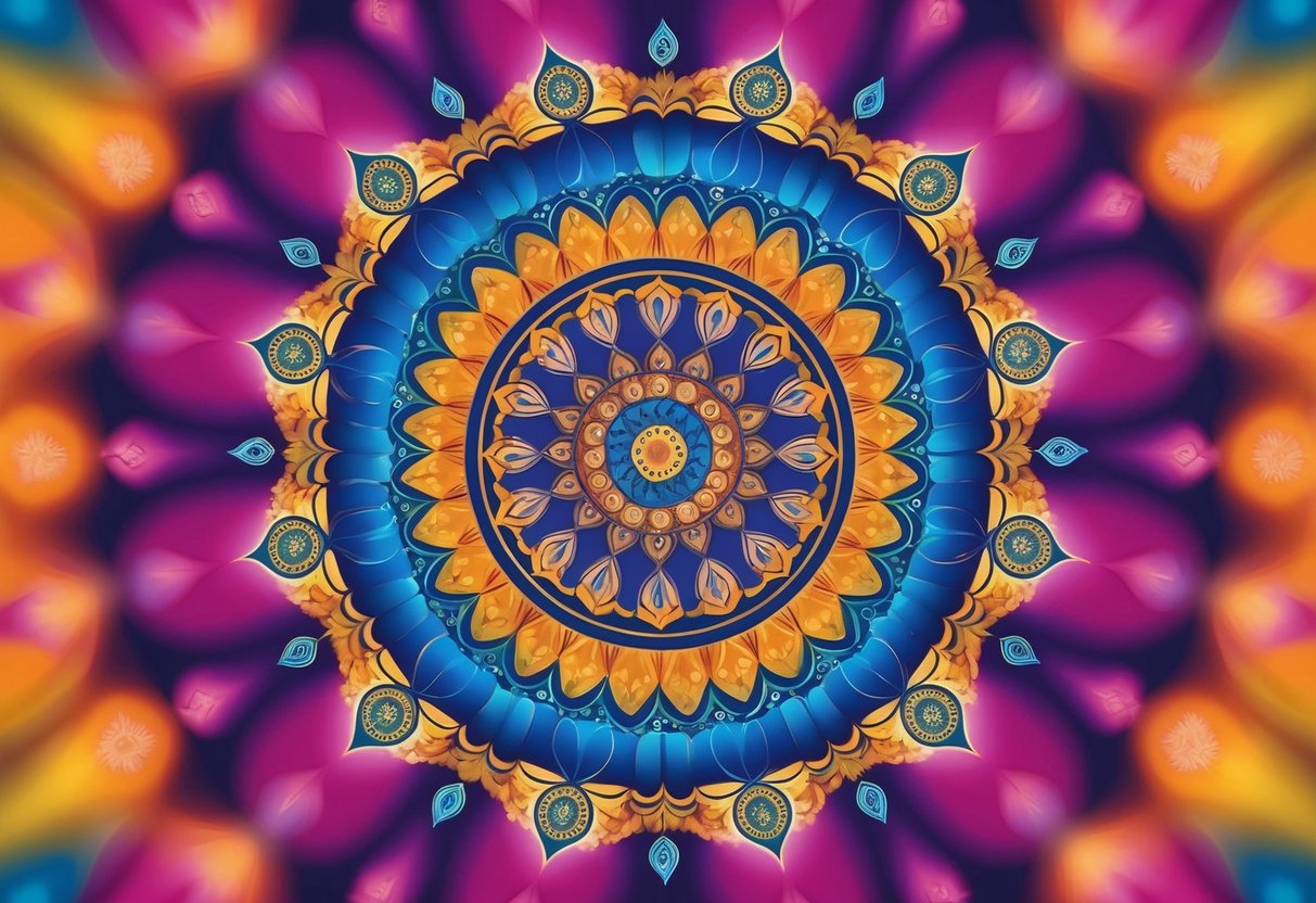 A vibrant mandala with diverse cultural symbols emanating energy and emotion through color
