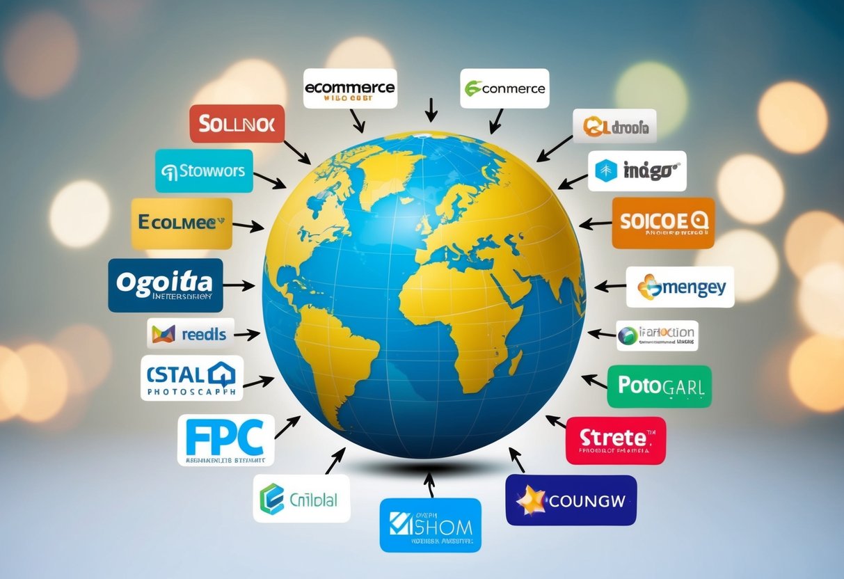 A globe surrounded by various e-commerce website logos, with arrows pointing to different countries, representing international SEO strategy for e-commerce
