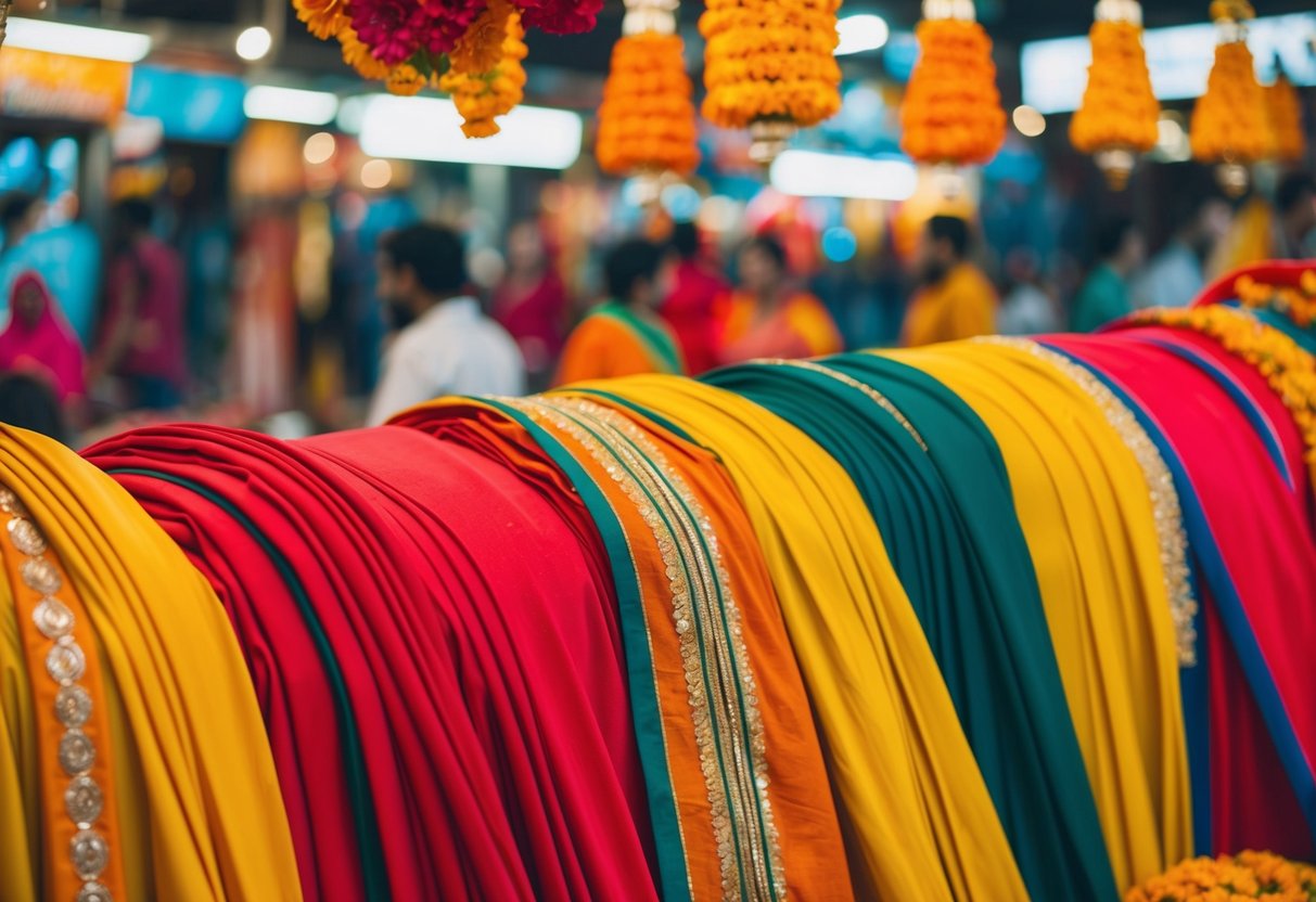 A vibrant Indian marketplace with red, yellow, and orange fabrics, symbolizing prosperity, courage, and happiness in Hindu culture