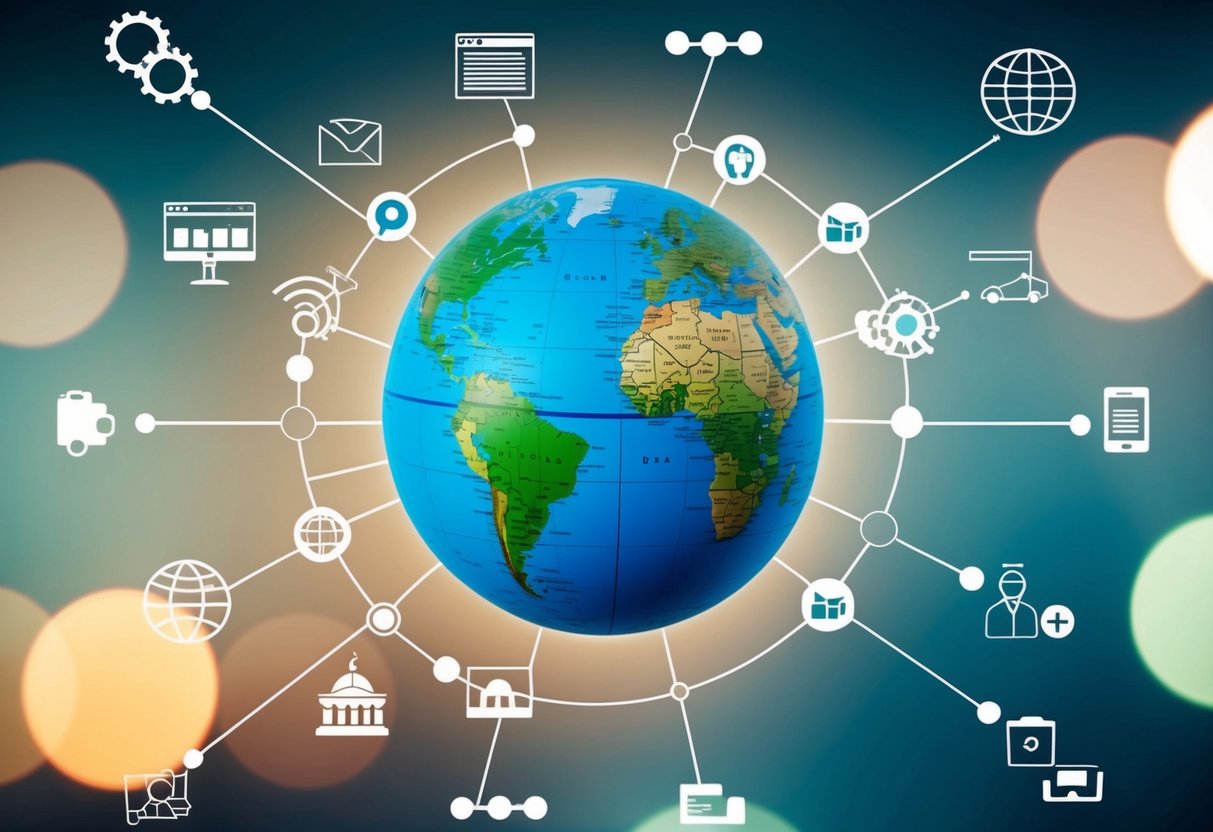 A globe surrounded by interconnected web links and local landmarks