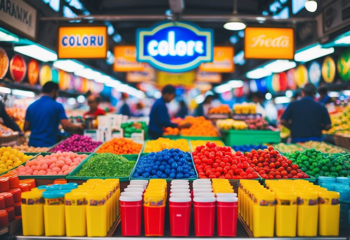 A vibrant marketplace with colorful products and signage, reflecting the cultural significance of color in marketing