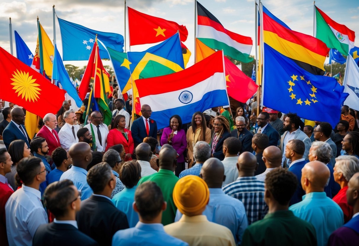 A diverse group of people from various cultures gather around a vibrant display of flags, each representing a different political or social ideology