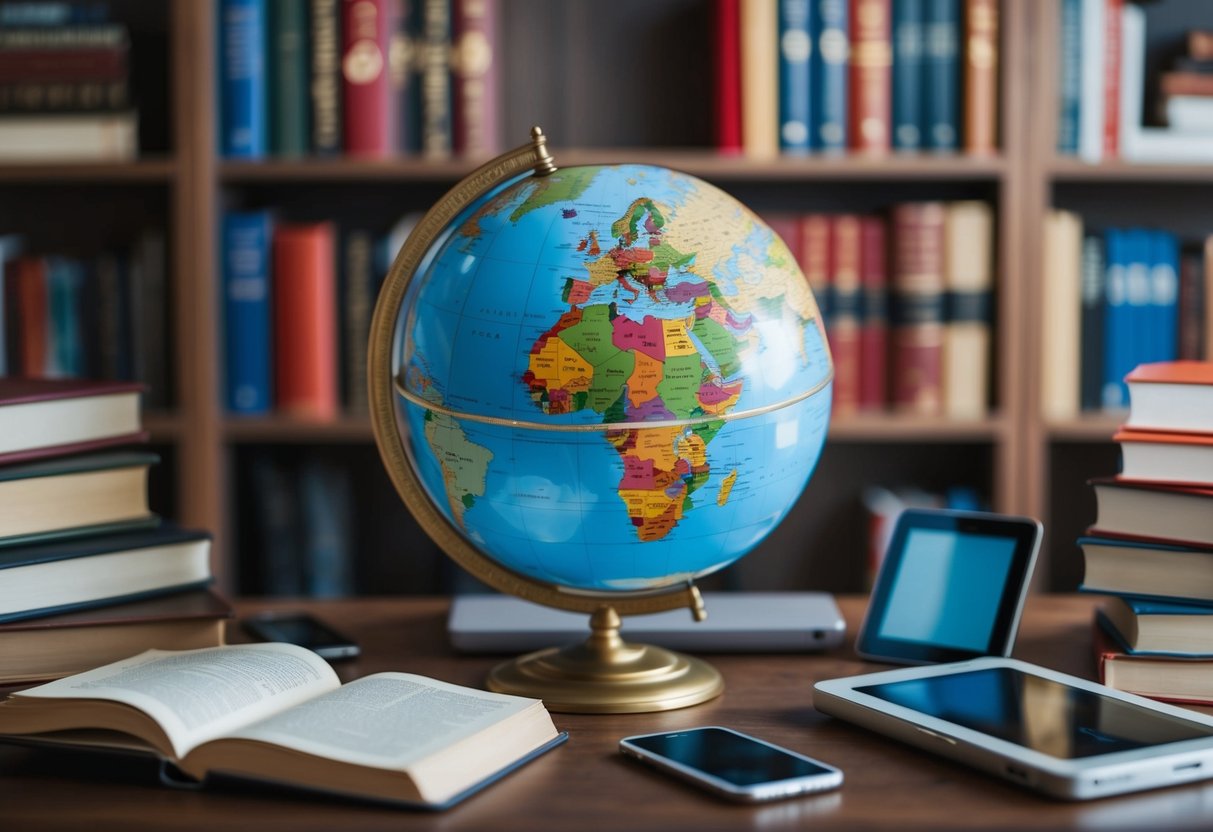 A globe surrounded by diverse language books and digital devices