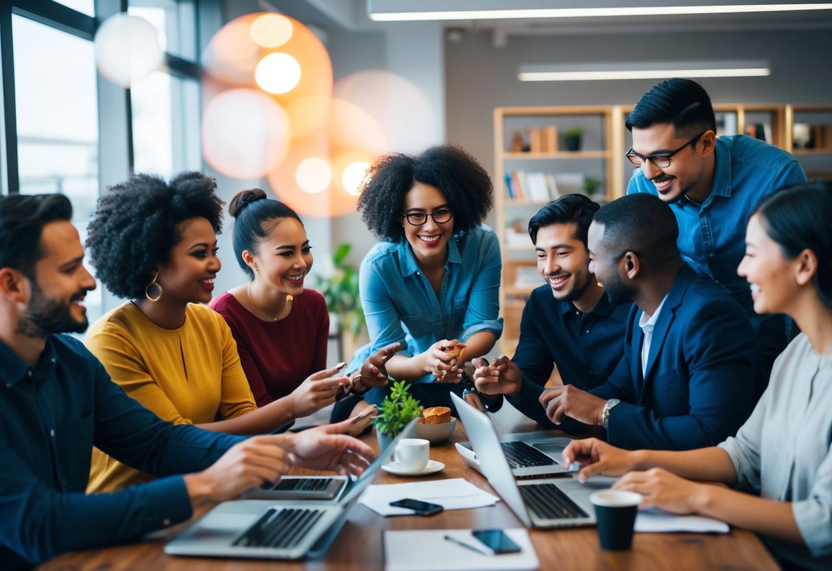 A diverse group of people from different cultures interacting and creating content in various languages