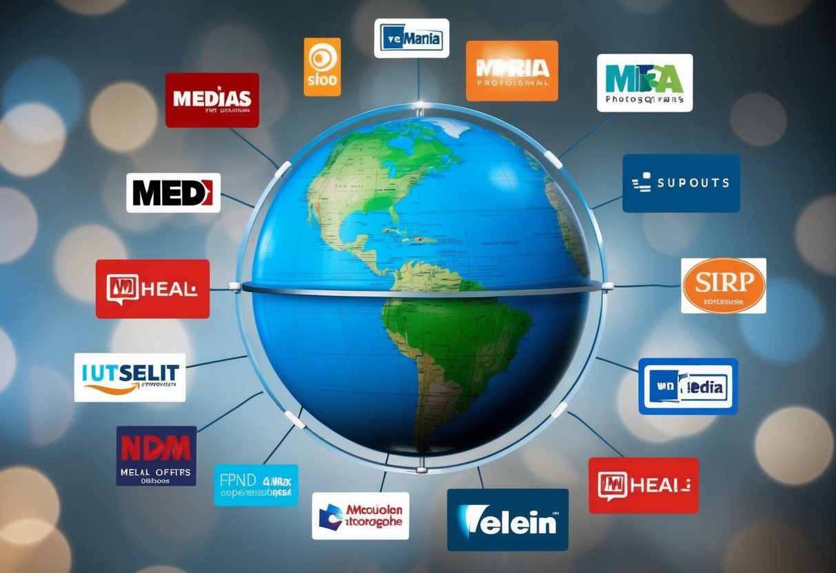 A globe surrounded by various media outlets' logos, connected by lines