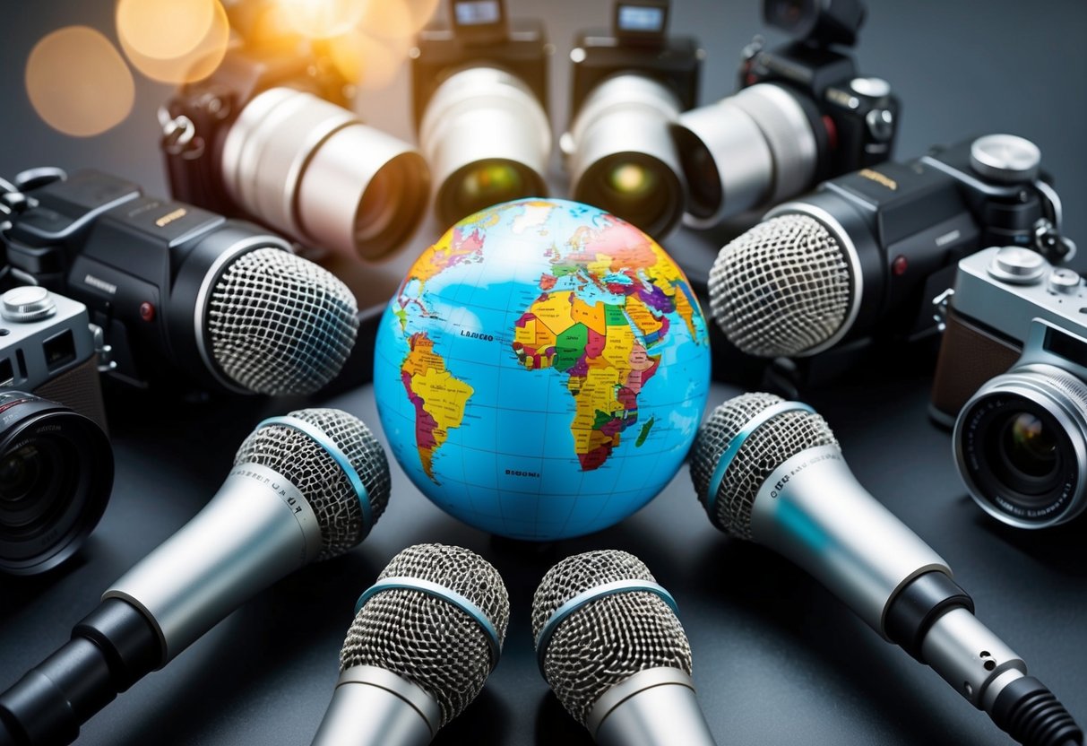 A globe surrounded by microphones and cameras, symbolizing global media relations