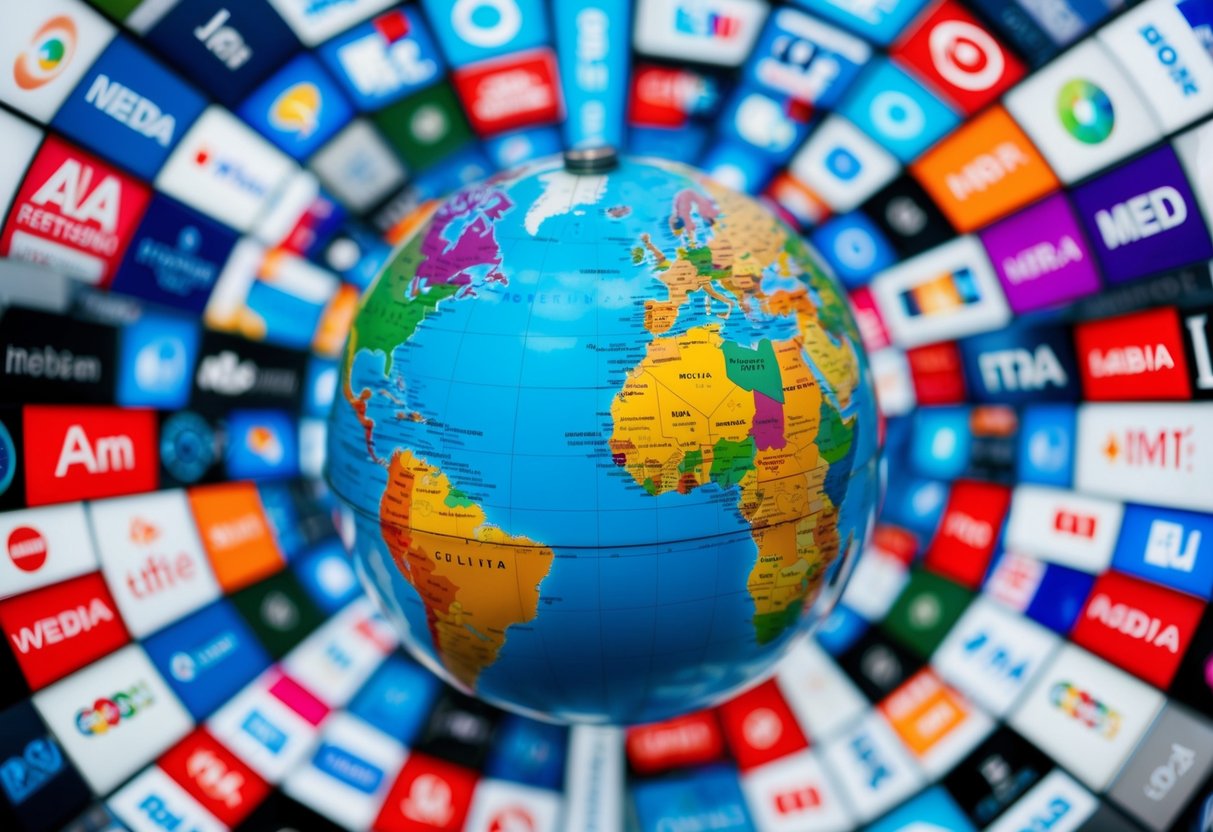 A globe surrounded by various international media logos