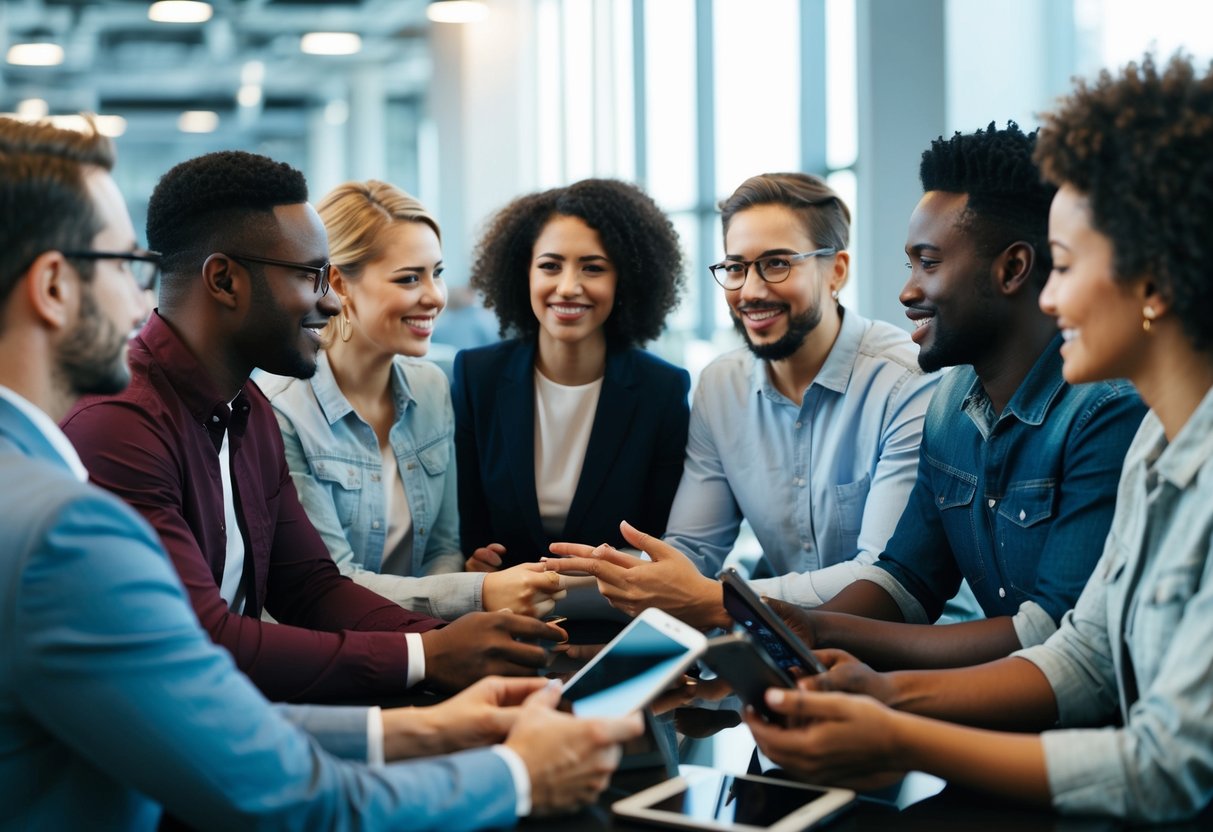 A diverse group of people from different countries engaged in conversation, exchanging ideas, and sharing information through various forms of media