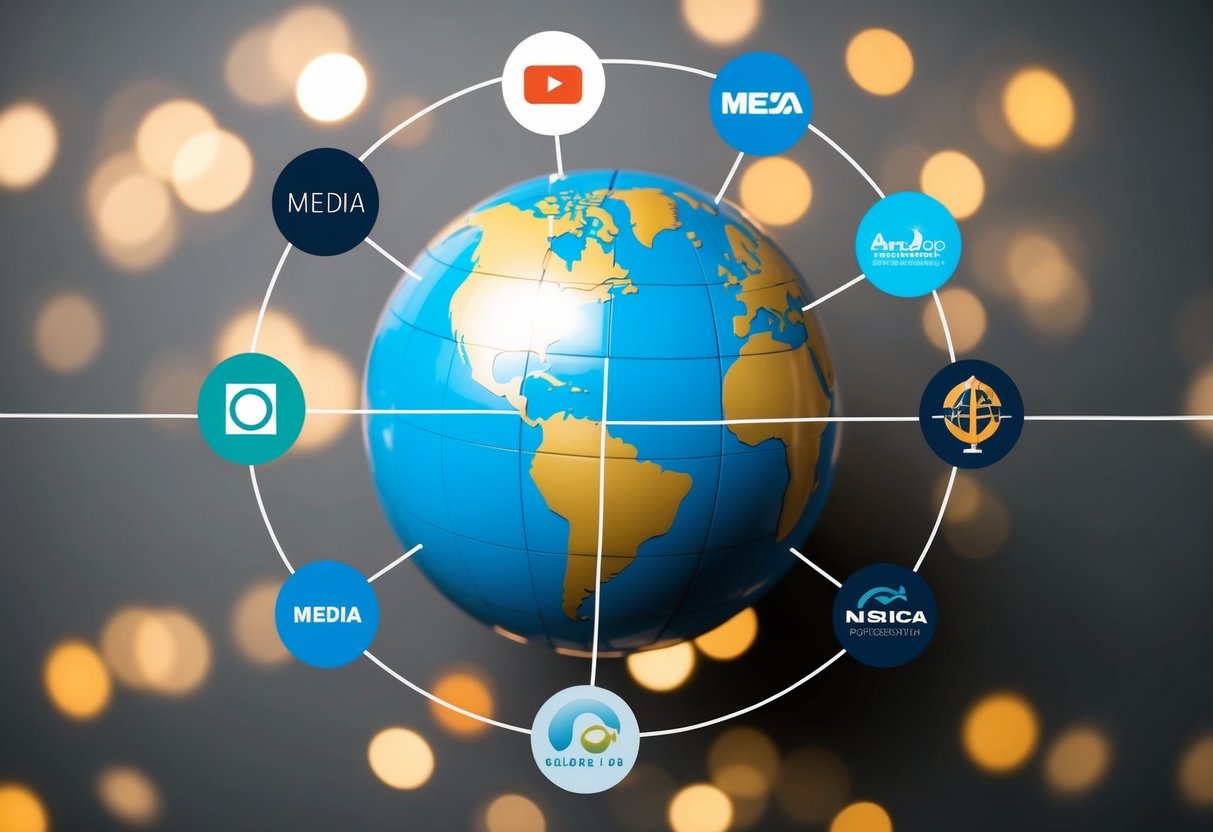 A globe surrounded by various media logos, with lines connecting them to show global reach and impact