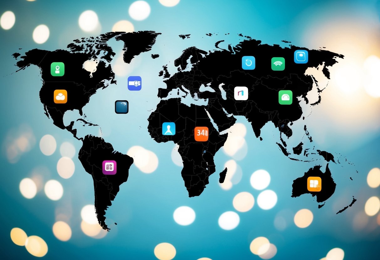 A world map with various mobile app icons floating above different countries
