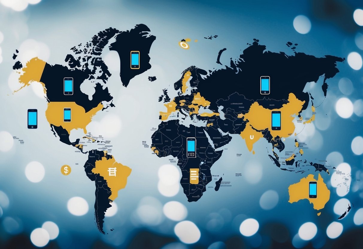 A world map with mobile phone icons in various countries, each with a different language and currency symbol