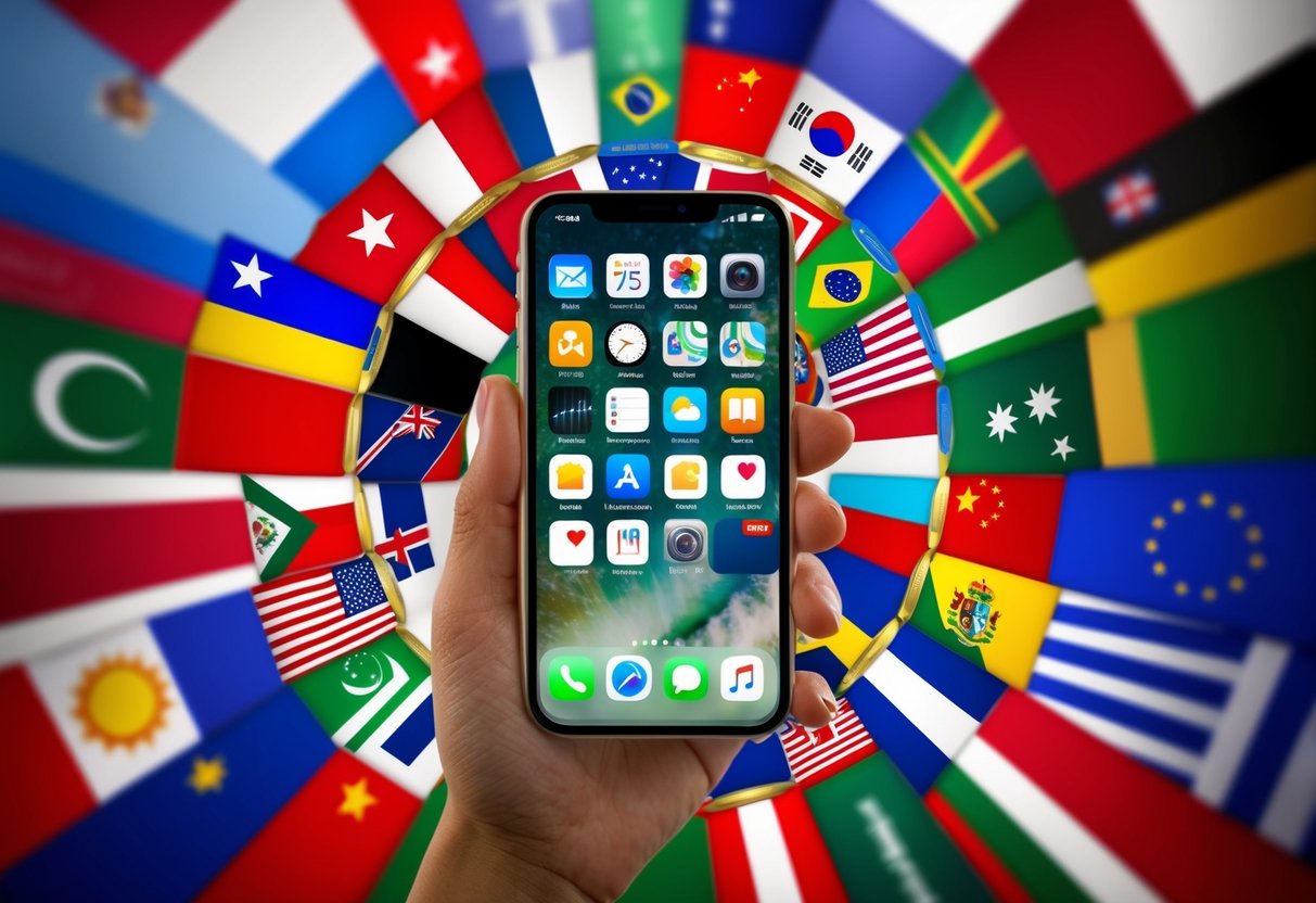 A smartphone with various app icons representing different international markets, surrounded by flags from around the world