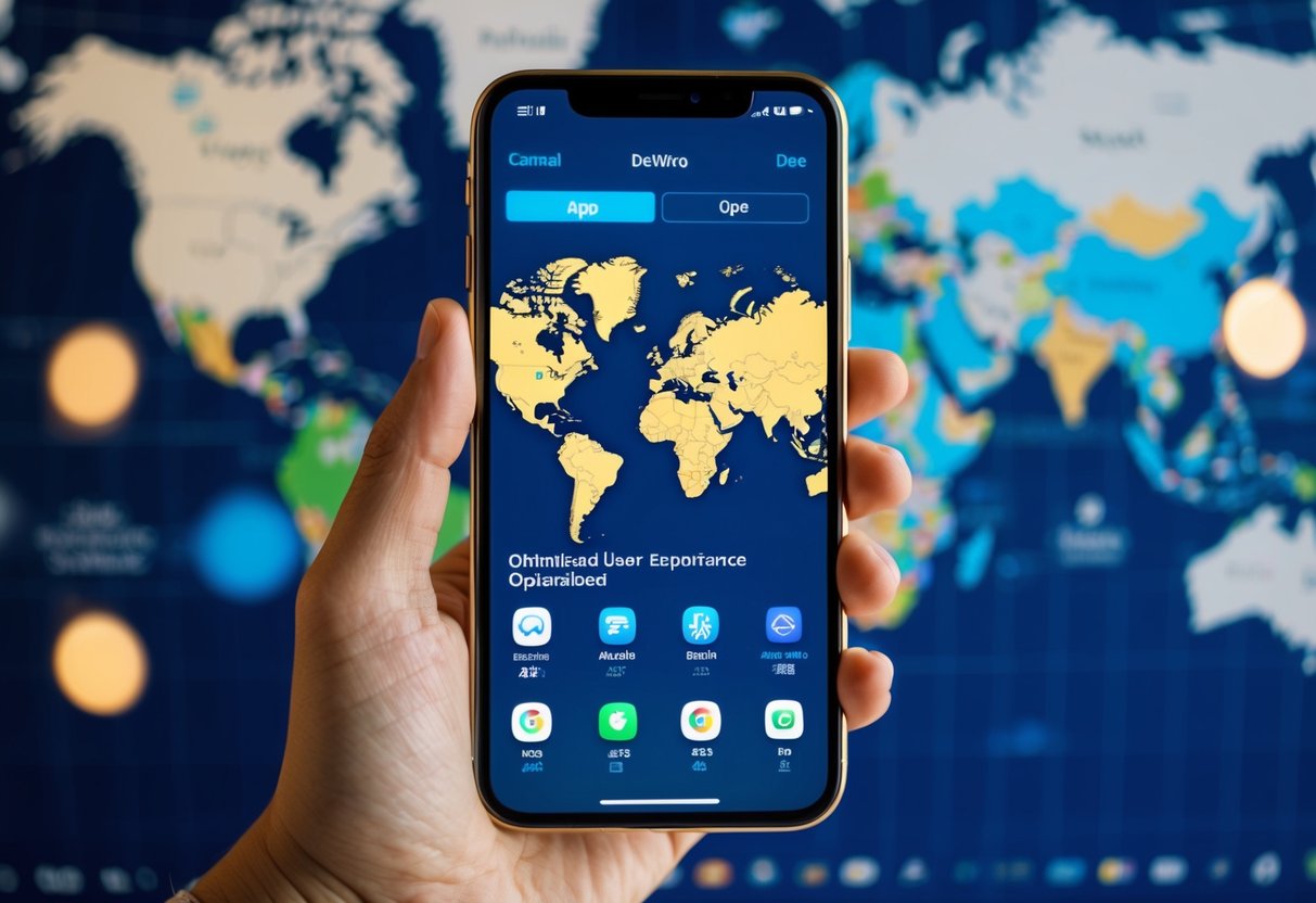 A smartphone displaying a mobile app interface with multiple language options, world map background, and optimized user experience icons