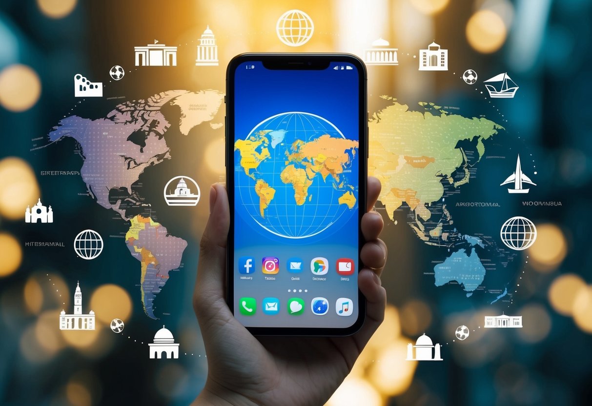 A smartphone with a world map as its screen, surrounded by various international landmarks and symbols