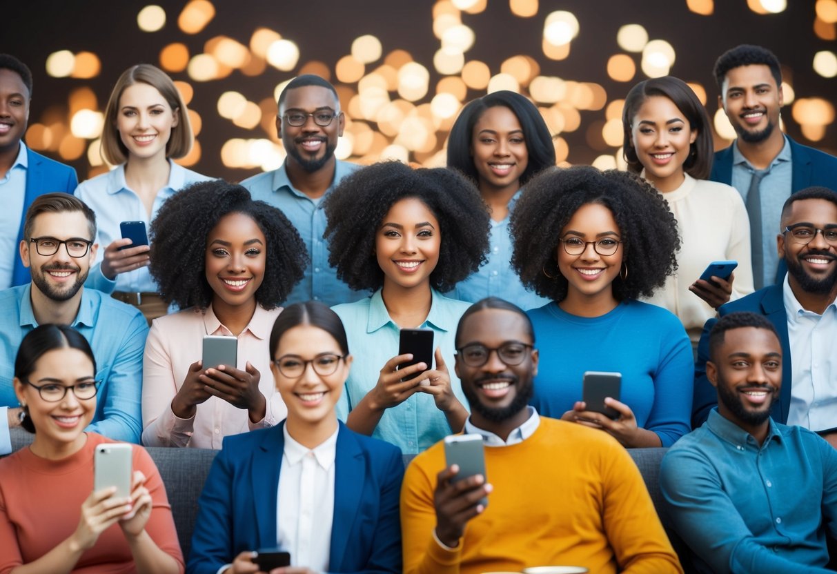 A diverse group of people using voice assistants on various devices