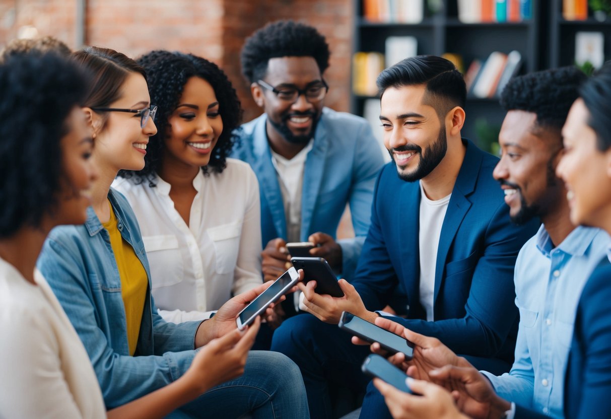 A diverse group of people interacting with voice assistant devices in multiple languages