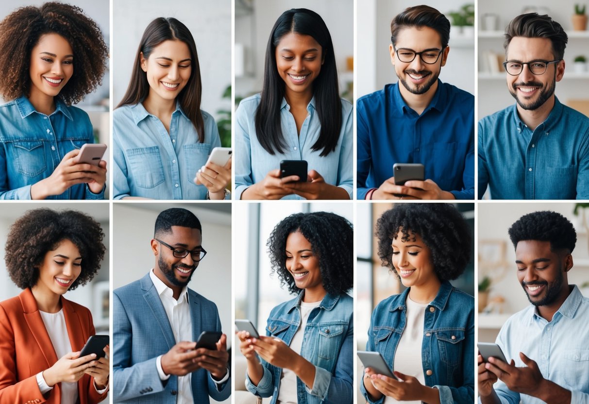A diverse group of people interacting with voice assistant UI on various digital devices