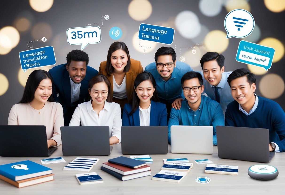 A group of diverse people working together on laptops, surrounded by language translation books and voice assistant devices