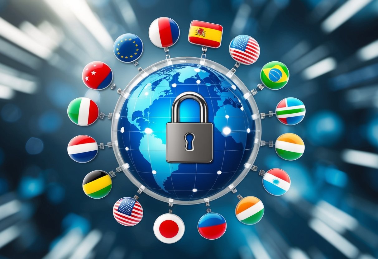A globe surrounded by interconnected digital devices with a lock symbol representing GDPR, and various international flags symbolizing global SEO impact