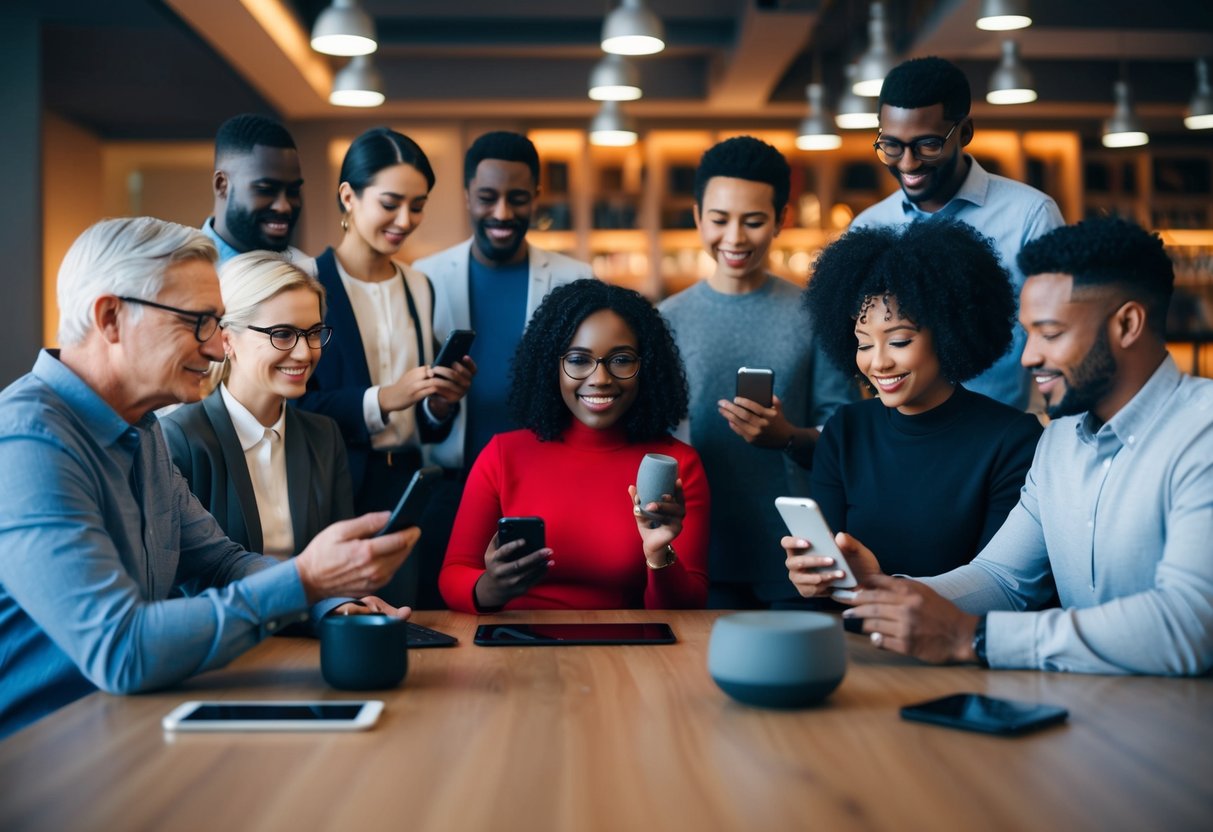 A group of diverse people use voice assistants in different languages on various devices