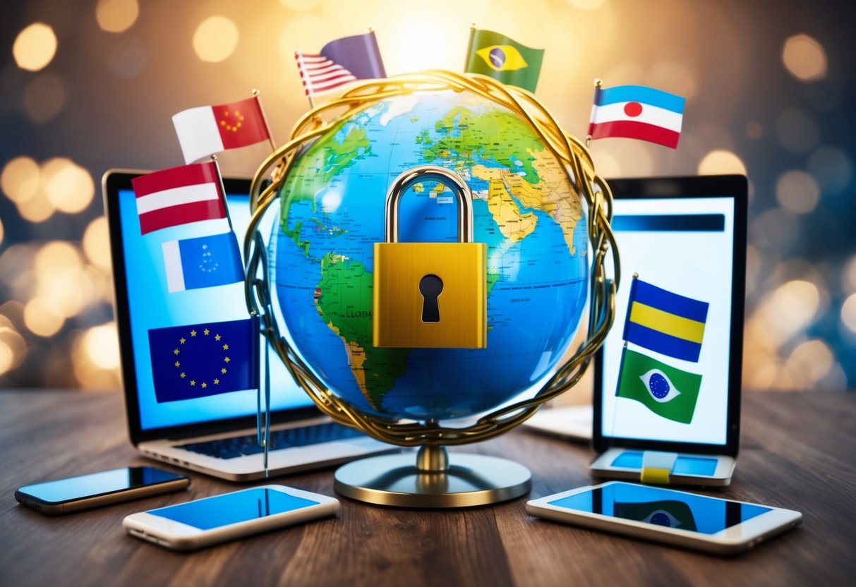 A globe surrounded by digital devices with a padlock symbolizing GDPR, while international flags are intertwined with SEO elements