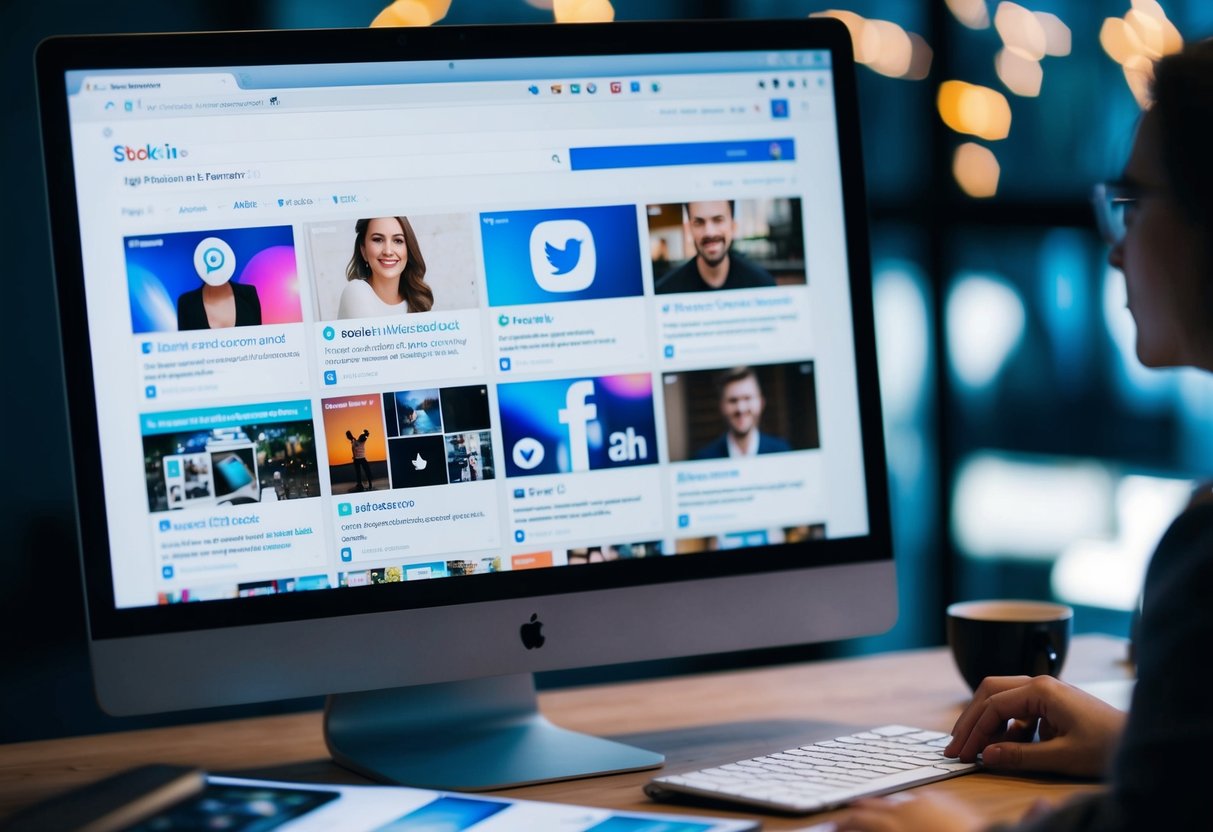 A computer screen showing various social media posts and images, with a search engine results page displayed in the background