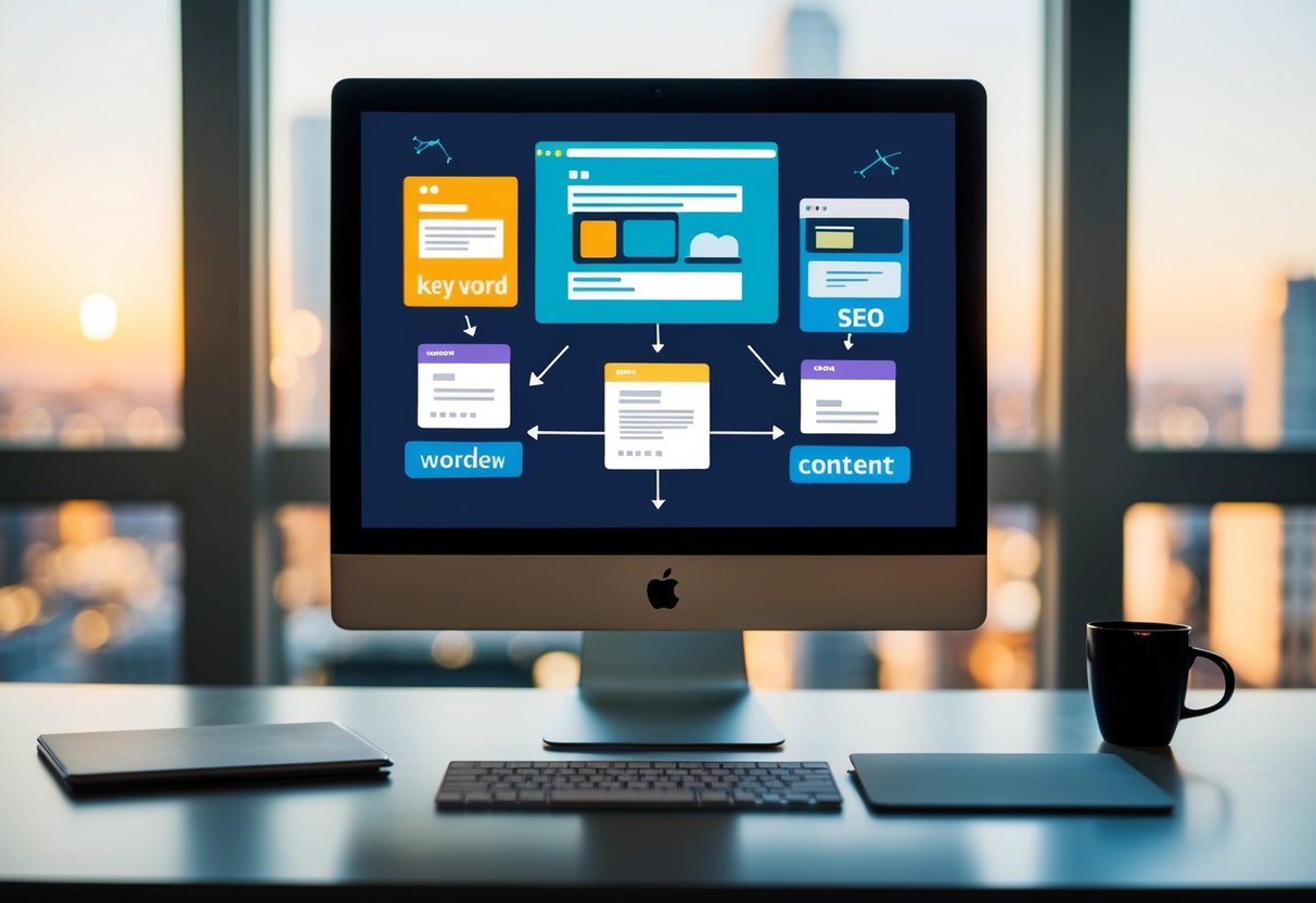A computer screen displaying various user-generated content with SEO keywords highlighted