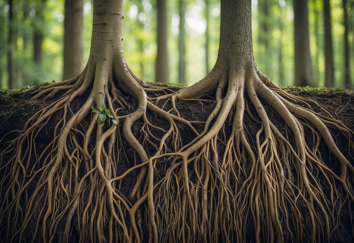 A tangled network of interconnected roots beneath the surface of a thriving forest, with some roots showing signs of decay and others flourishing