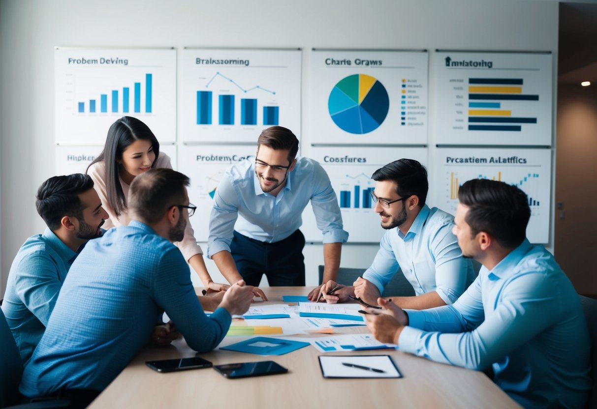 A group of people brainstorming around a table, charts and graphs on the wall, problem-solving and collaborating